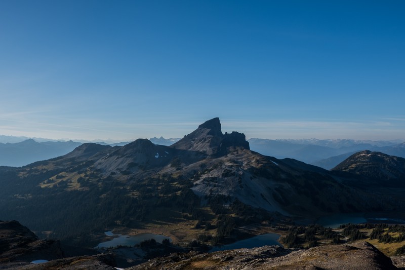 Black Tusk above alpine lakes and mountain ridges in Garibaldi Provincial Park.