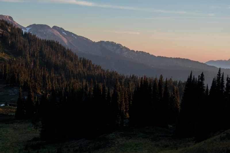 Layers of evergreen forest and mountain ridges beneath a peach evening sky in Garibaldi Provincial Park.